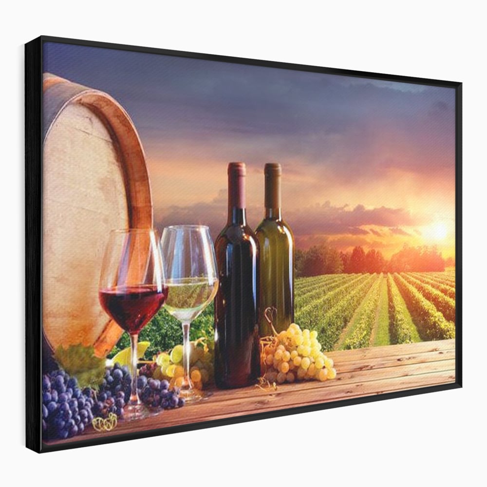 Tablou canvas cu tablou canvas cu podgorie si vin, in rama de aluminiu negru